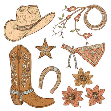 Classic wild west icon set featuring engraved cowboy hat leather boot with spurs sheriff star horseshoe lasso bandana and flowers for vintage country art.