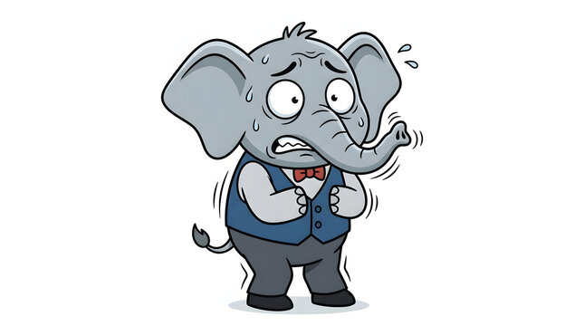 Scared cartoon elephant wearing a vest and bow tie trembling with sweat. Fearful professional animal character. Flat vector isolated on white.