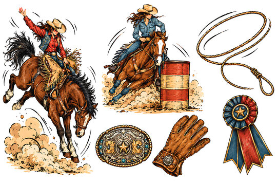 Rodeo set featuring cowgirl riding bucking bronco horse and barrel racer with western accessories like lasso rope belt buckle leather glove and award prize ribbon badge.