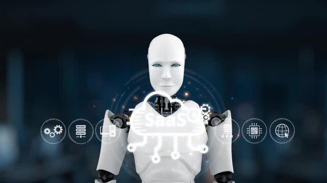 A futuristic robot illustrating the concept of cloud computing and software as a service in a high-tech office, showcasing modern technology and innovation. Synapse
