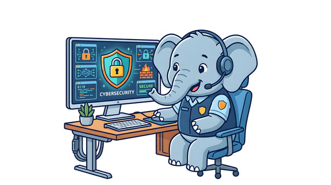 Cute cartoon elephant in a security vest working on a computer showing a cybersecurity shield. Flat vector isolated on white.