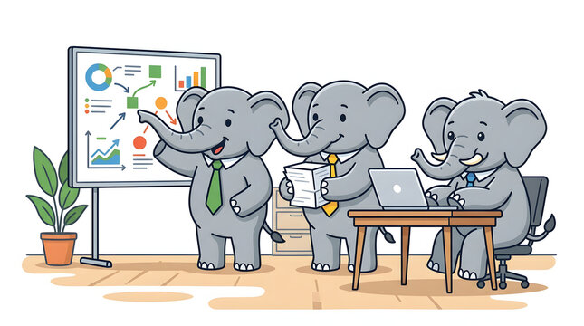 Three cartoon elephants working in an office. One presents a chart, one reads documents, one types on a laptop. Flat vector illustration.