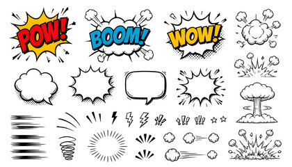 Comic boom cartoon effect line element set. Comic speech bubble pow, boom text, explosive splash smoke, wow cartoon vector icon. Hand drawn sketch doodle explosive element. © Mudassir