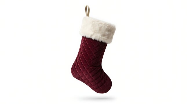 Quilted burgundy velvet christmas stocking with white faux fur cuff isolated on white background
