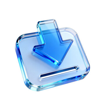 3D Transparent Blue Download Arrow Icon on Rounded Square Button