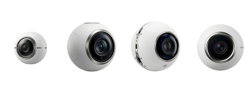 Four white spherical security cameras shown from multiple angles on transparent background