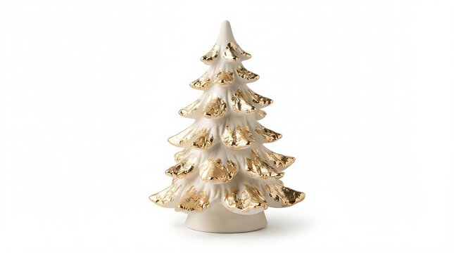 Ceramic christmas tree figurine with gold leaf accents isolated on white background