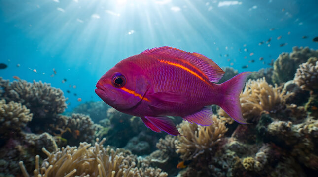 Vibrant pink dottyback fish swimming past reef corals
