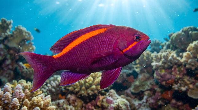 Magenta dottyback fish swimming near tropical coral reef