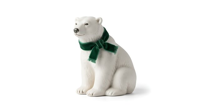 Ceramic polar bear figurine wearing a green velvet scarf isolated on white background