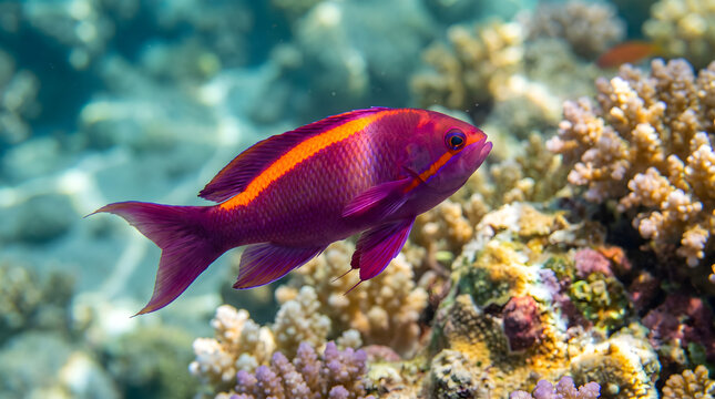 Bright pink dottyback fish patrolling coral reef environment