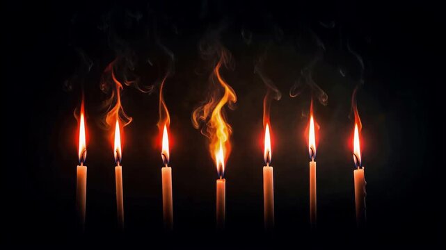 Flickering Candles Burn in Darkness with Rising Smoke Creating Serene Ambiance for Meditation or Memorial Use Case