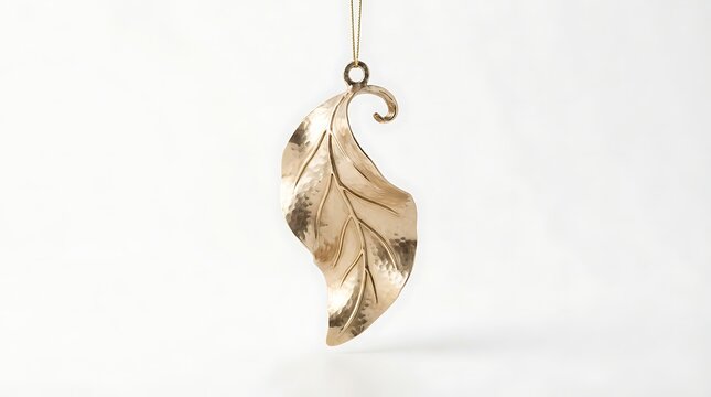 Gold leaf shaped christmas ornament hanging isolated on white background