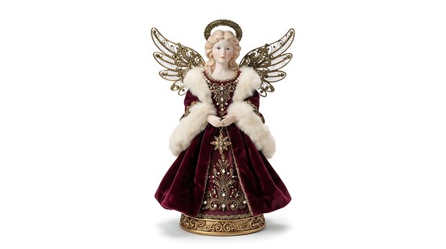 Elegant christmas angel figurine in a deep red velvet dress with fur trim isolated on white background