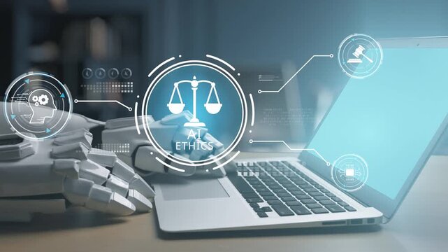 A robotic hand approaches a laptop showcasing an AI ethics concept with a scales icon and digital graphics, highlighting the intersection of technology and moral responsibility. Salient