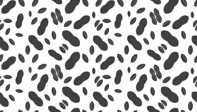 Repeating seamless pattern of unshelled peanuts and single peanut kernels in a black and white modern vector design.