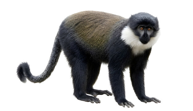 L&rsquo;Hoest&rsquo;s monkey with black fur and white chest ruff walking on all fours in side view isolated on a white background