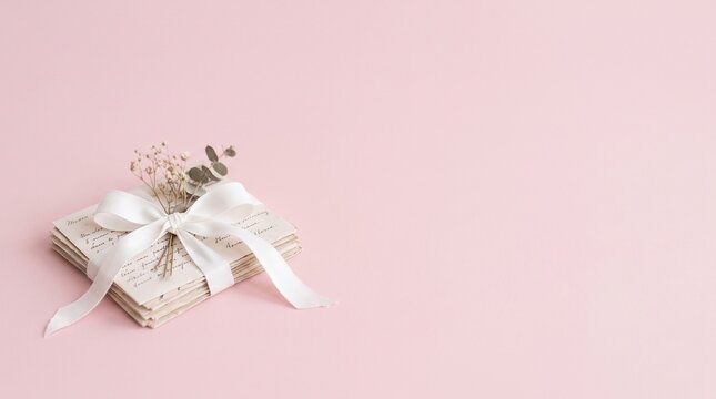 A lovely arrangement of carefully wrapped presents adorned with elegant ribbons and delicate floral details set against a gentle pink backdrop ideal for festive occasions