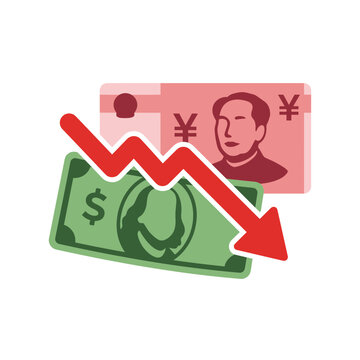 Currency banknotes featuring global leaders crossed by a red downward arrow signaling economic decline and recession.
