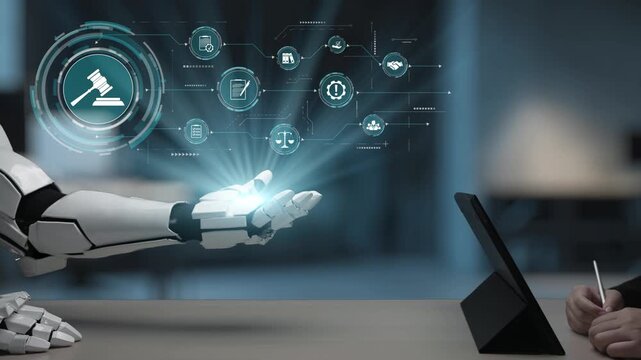 A robotic arm extends to interact with a human hand, symbolizing the convergence of technology and law. Digital icons represent concepts of justice and modern legal practices. Salient