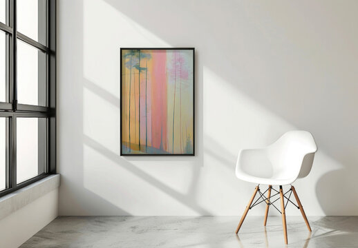 Modern Interior Mockup PSD With White Chair And Abstract Wall Art