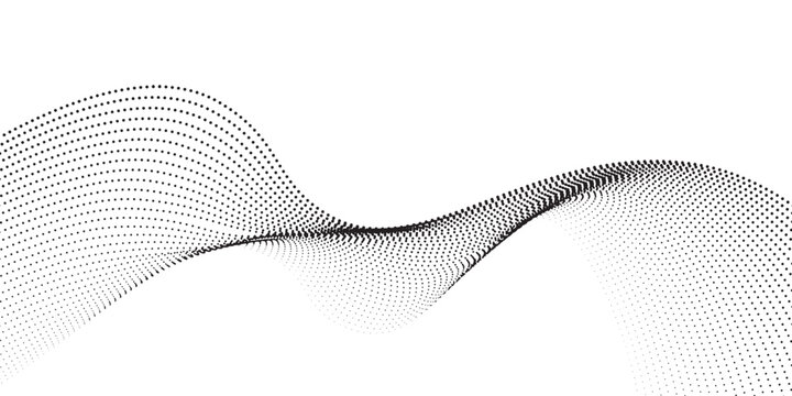 Black dotted halftone wave vector element, digital big data flow and particle soundwave line on white background