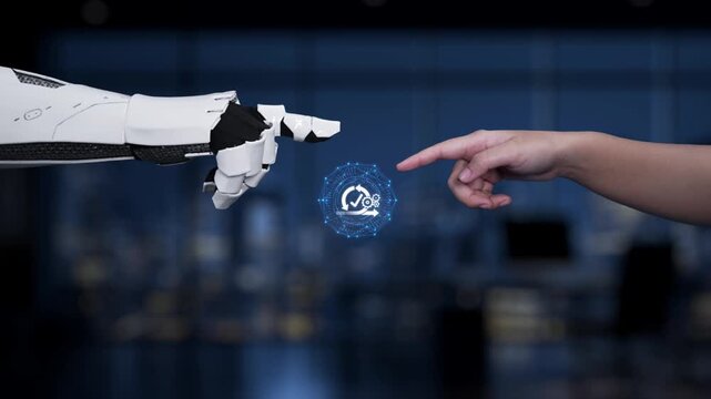 A visually engaging representation of technology integration featuring a robotic hand and a human hand connecting over a network of gears and data, symbolizing collaboration. Synapse