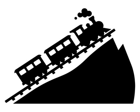 Steam Train Climbing Mountain Railway Silhouette, Vintage Locomotive with Passenger Cars Black Vector