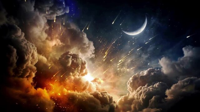 Meteor Shower Exploding Through Stormy Clouds with Crescent Moon at Night Cinematic Fantasy Sky Background