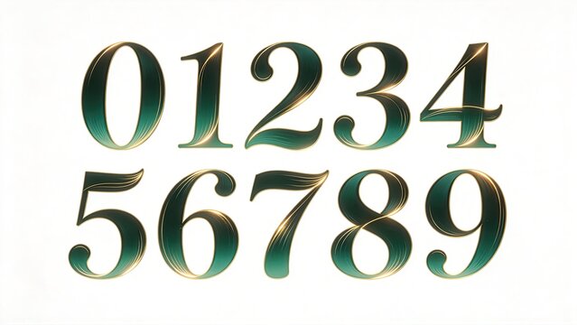 Elegant 3D numerals set 0-9, luxury dark green digits with thin golden outline, decorative calligraphy typography on white background
