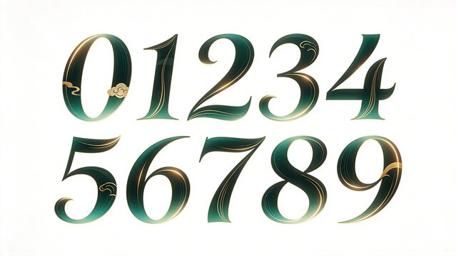 Elegant 3D numerals set 0-9, luxury dark green digits with thin golden outline, decorative calligraphy typography on white background