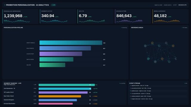 4k dark ai analytics dashboard with rising personalized impressions, live segment ranking pipeline progress bars, for business growth, insights targeting