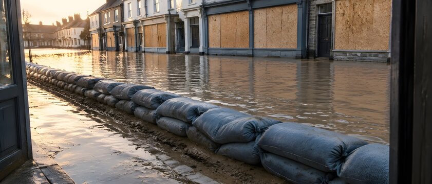 Grey woven sandbags stacked along a flooded high street kerb