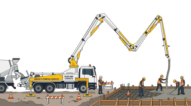 Concrete Pump Truck and Construction Workers Illustration