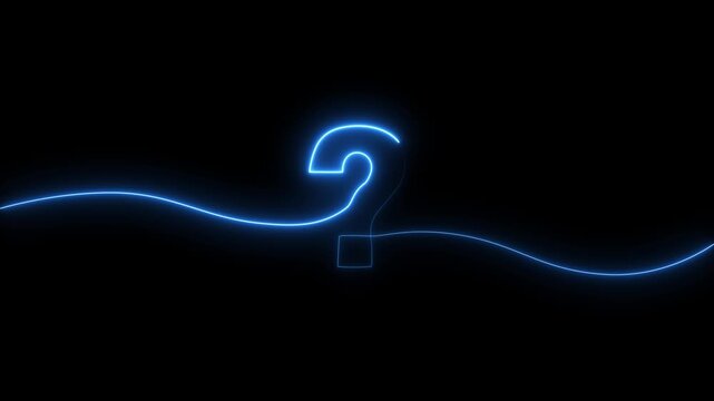 A bright electric blue neon question mark glows vibrantly against a deep black background with a flowing wavy line extending from its base suggesting mystery curiosity or a problem to solve