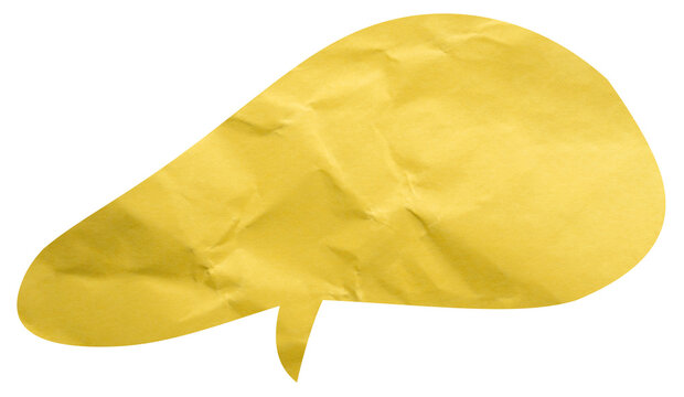Slanted yellow paper speech bubble with pointed bottom tail