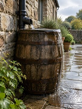 Weathered oak rain barrel standing on a stone patio under a downpipe
