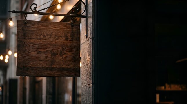 Blank rustic wooden cafe signboard mockup dark moody copy space