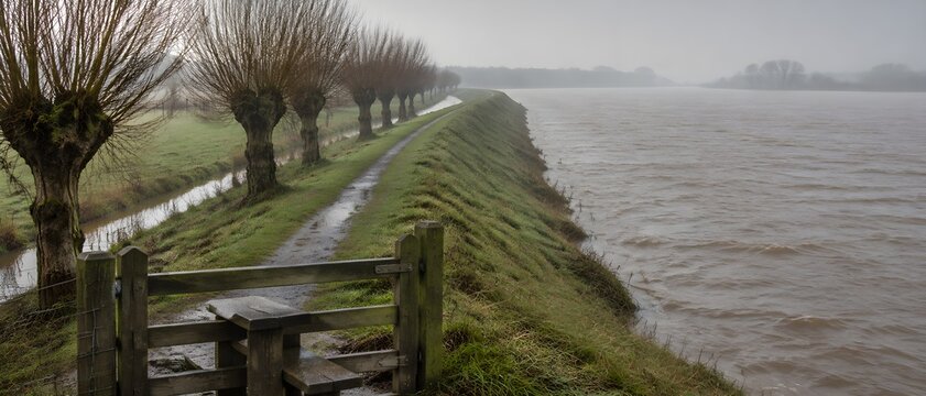 Long clay flood dike with a footpath along the crest and a row of pollarded willows on the landward side
