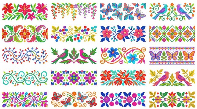 Folk art embroidery borders set, 20 colorful floral and bird patterns inspired by traditional textile designs, vibrant ethnic blossom and butterfly ornaments for festive stationery and decor