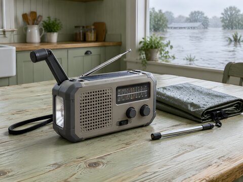 Hand-crank emergency radio with dynamo handle folded out on scrubbed pine table in flood-watch kitchen