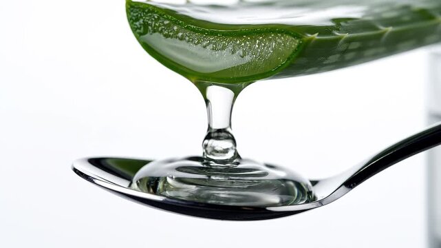 Aloe vera gel dripping from a fresh green leaf onto a silver spoon for skincare and wellness