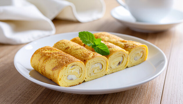 Four delectable omelet rolls, each containing a satisfying filling, are neatly arranged on a white plate. A fresh sprig of mint provides a touch of color and a burst of flavor to this inviting breakfa