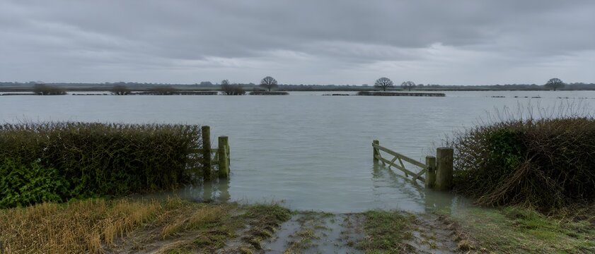 Flat arable field standing under sheet of grey floodwater to crop line and drowned gateway