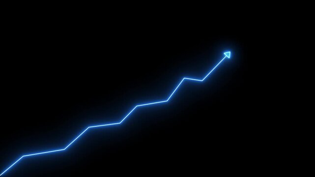 A bright electric blue neon line forms a jagged upward staircase shape against a completely black background with a subtle glow emanating from the line creating a sense of digital progression or