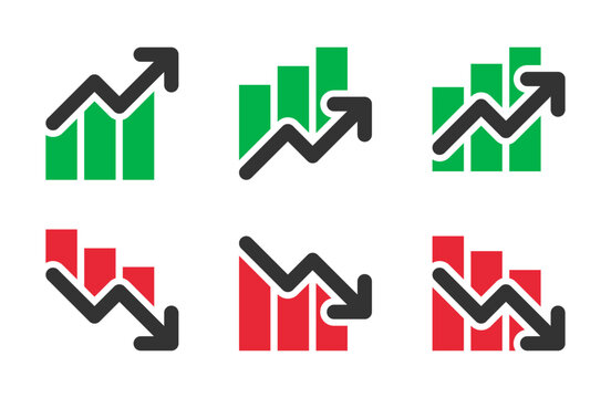 Growth and decrease chart icon set featuring business arrow symbols in filled and outline styles for finance and marketing report