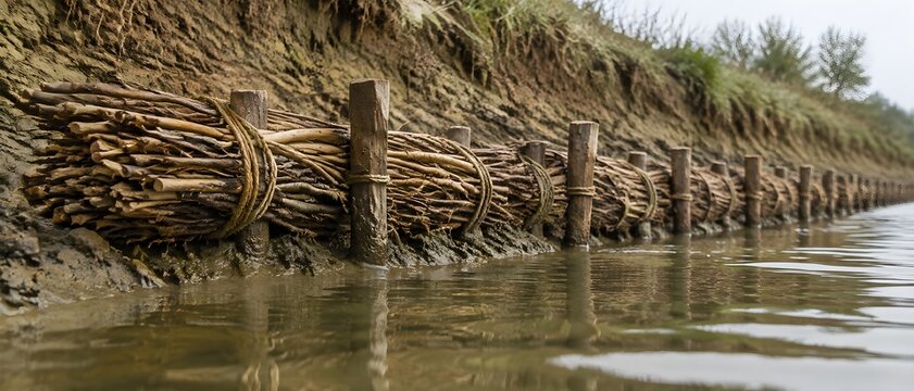 Brushwood fascines pegged in a row along an eroded bank edge
