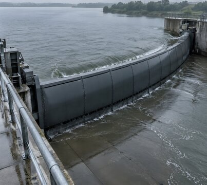 Curved steel radial floodgate lowered across a widened river weir channel