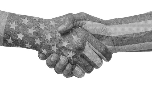 Handshake graphic with usa flag and stars pattern isolated on transparent background