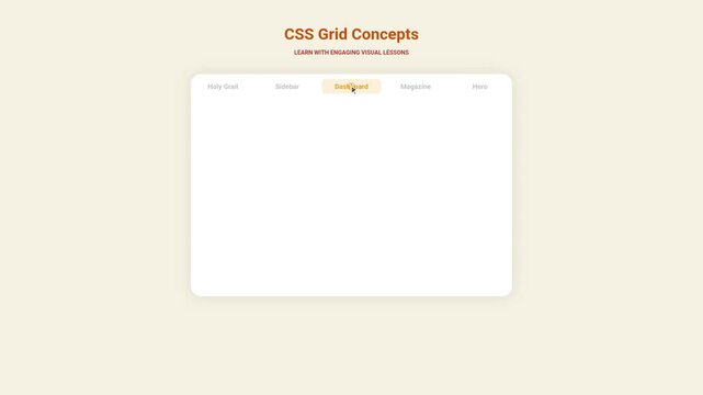 Educational interface showing CSS Grid concepts for web development